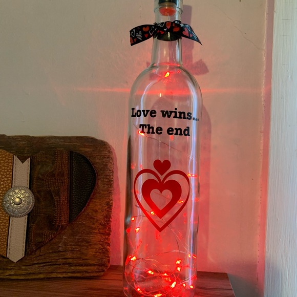 Hand Crafted- ‘Love Wins..’Red fairy light wine bottle lantern with die cut logo - Picture 7 of 9